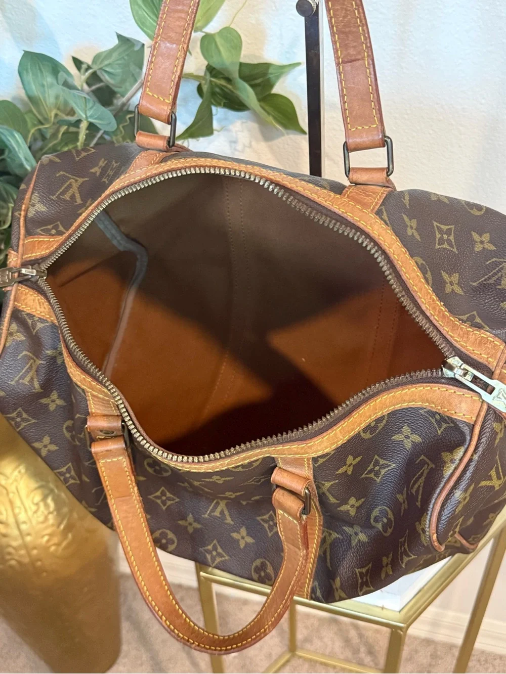 Louis Vuitton Brown Monogram Canvas Duffel with Tan Leather Trim